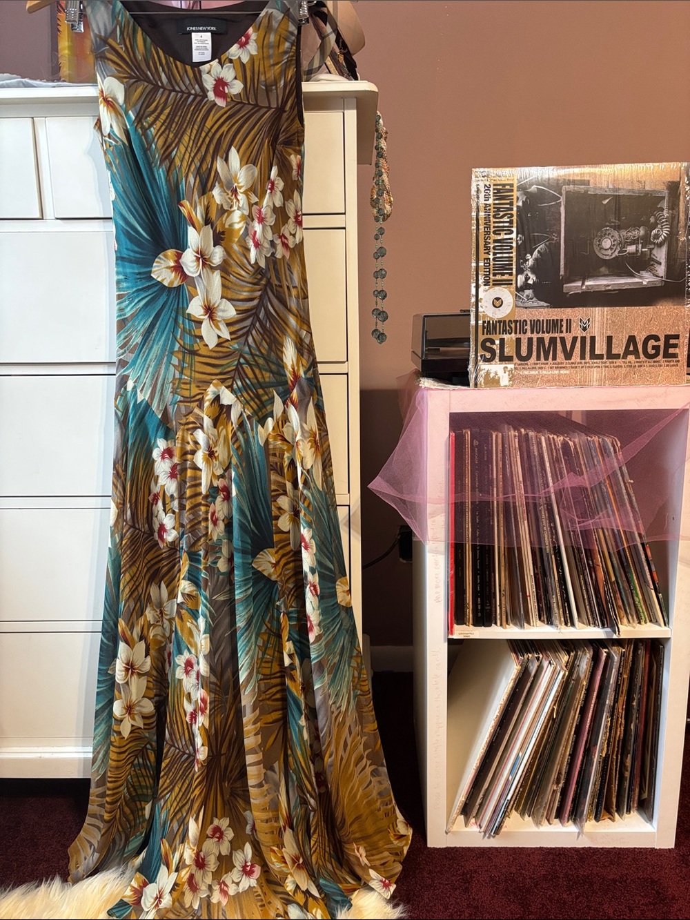 Silk Vintage Y2K Maxi Dress Bias Cut Fairy Floral Teal Brown Tropical Print Cute